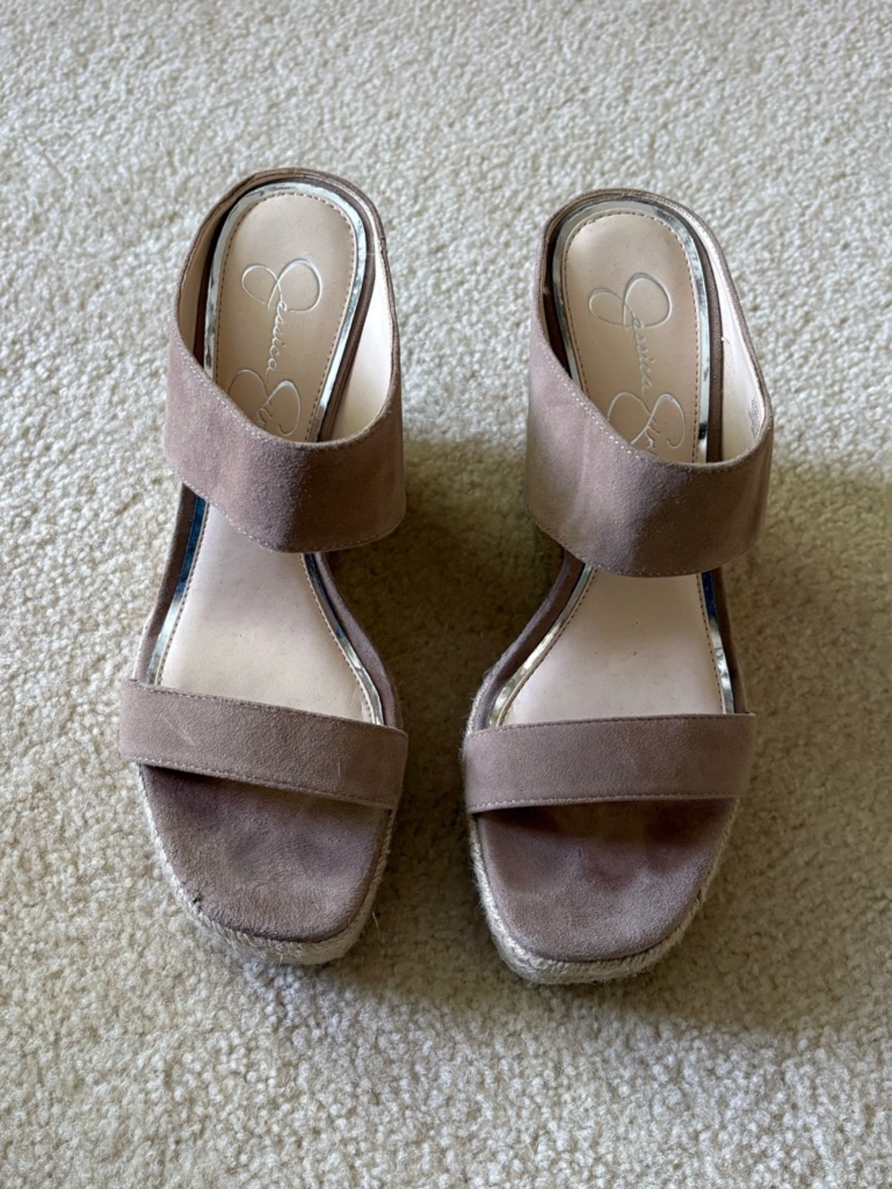 Jessica Simpson Taupe Suede Double-Strap Wedge Sandals